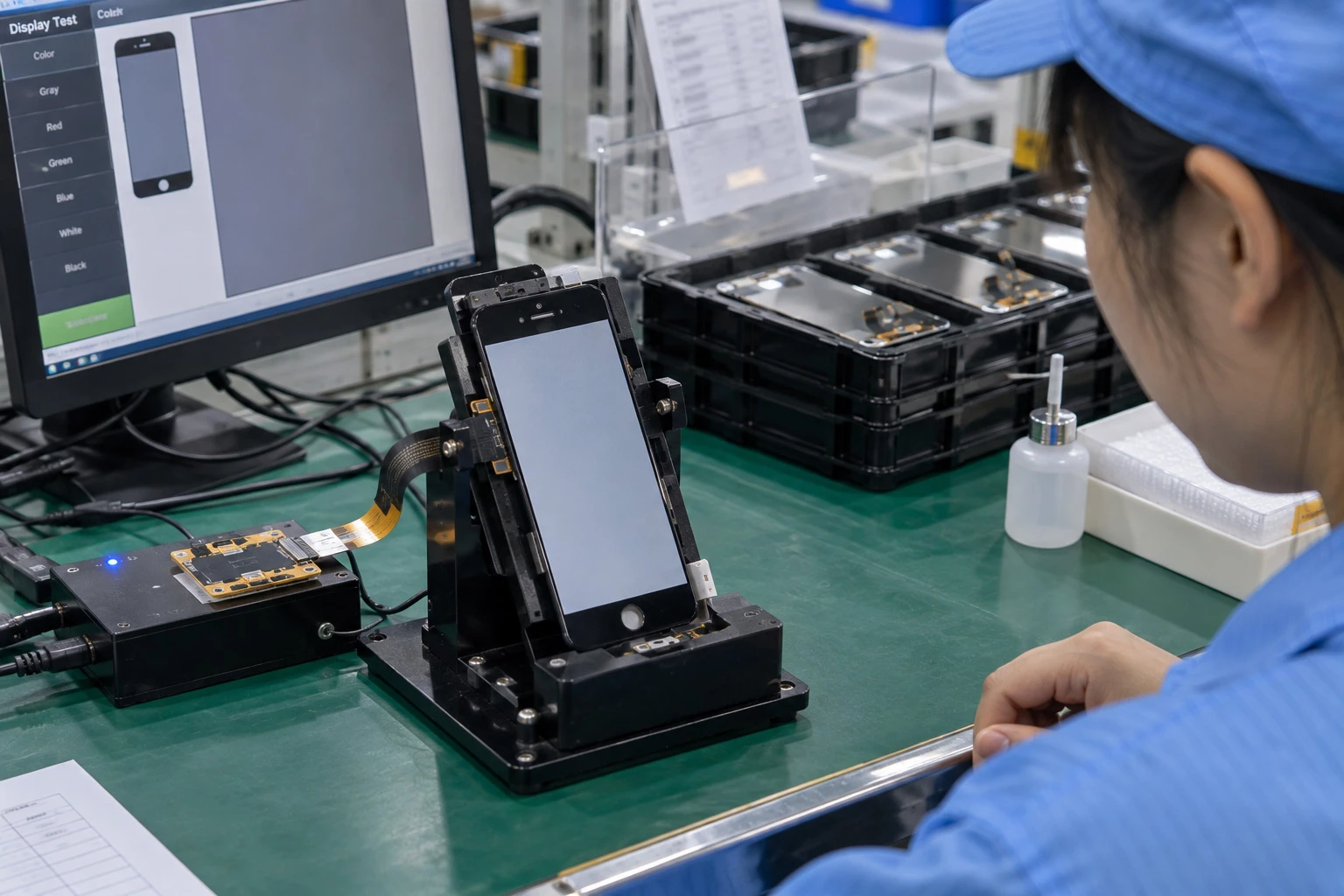 Illustration of an iPhone LCD screen sample undergoing a display test at an ESD workbench Illustration of an iPhone LCD screen sample undergoing a display test at an ESD workbench