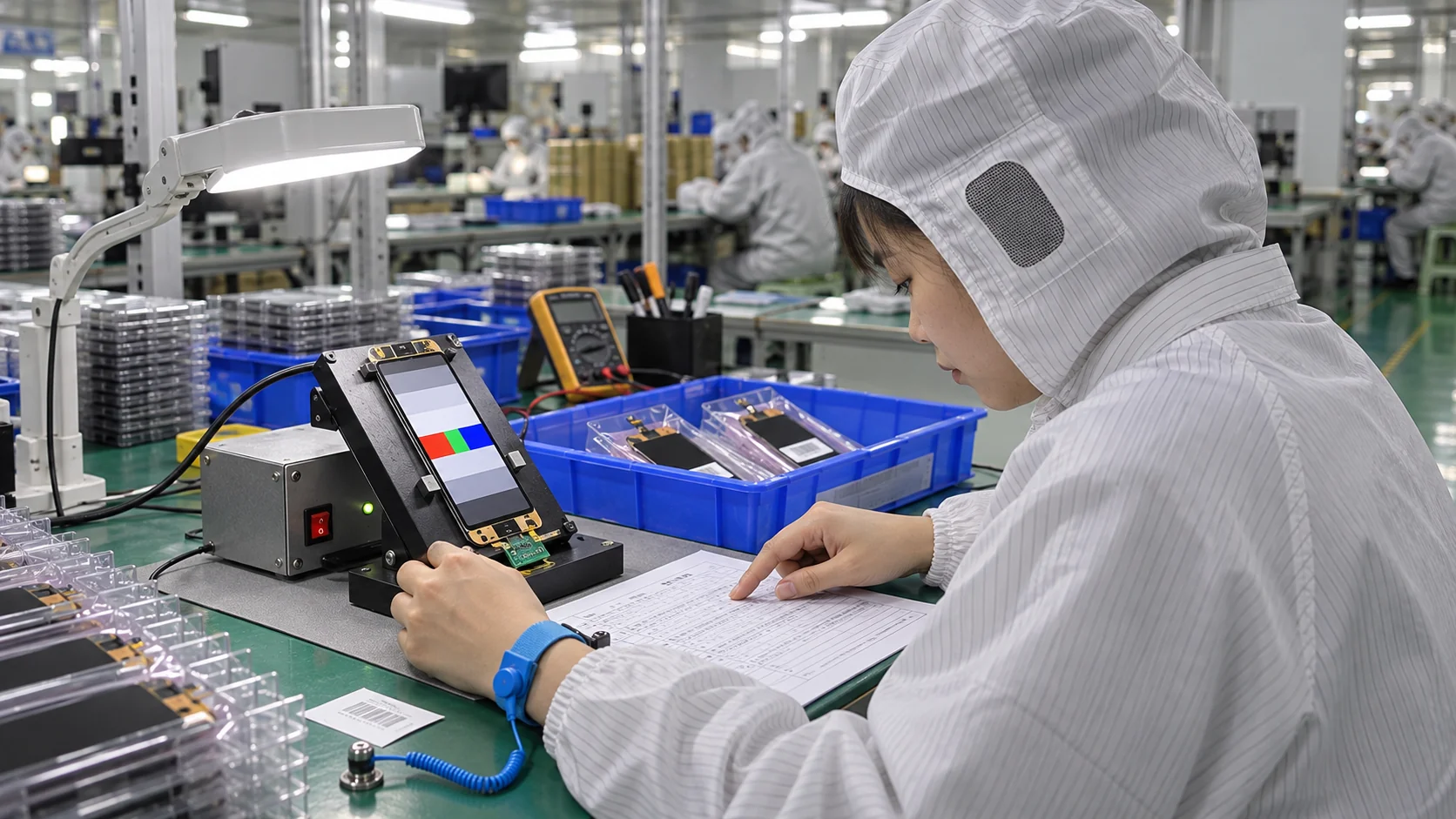 Technician testing an iPhone LCD screen sample against an approved specification Technician testing an iPhone LCD screen sample against an approved specification