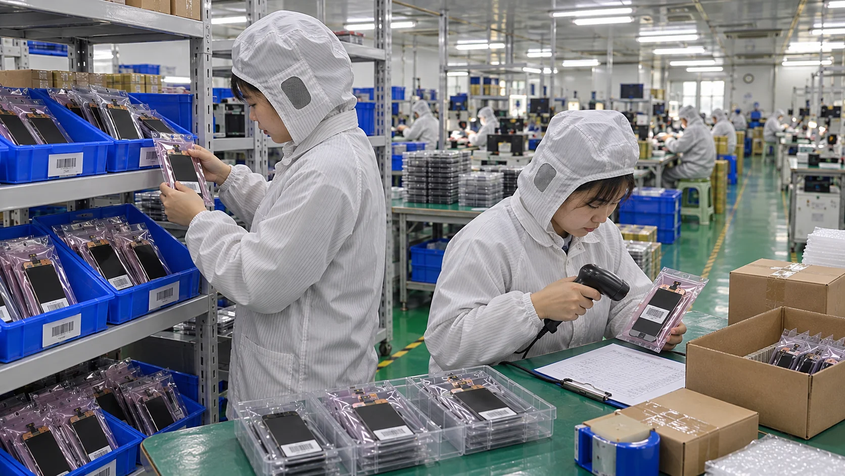 Warehouse staff preparing a mixed-model iPhone LCD screen order using an approved SKU list Warehouse staff preparing a mixed-model iPhone LCD screen order using an approved SKU list
